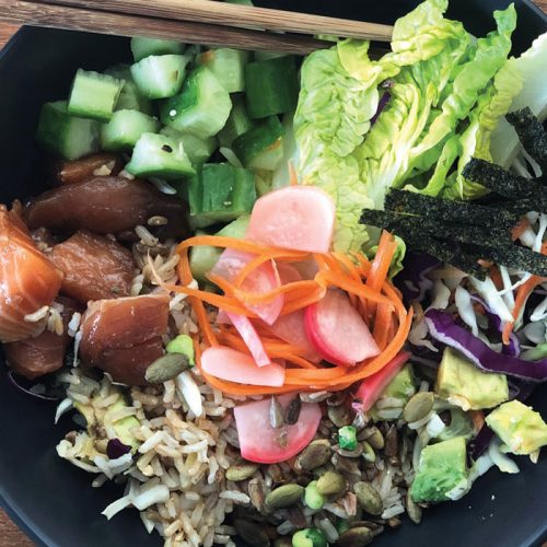 Salmon and vege poke bowl