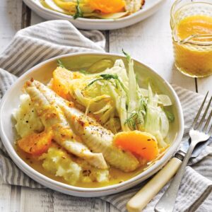Baked fish with citrus-fennel sauce and parsnip mash