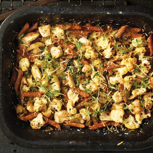 Creamy mushroom, chicken and cauliflower pasta bake