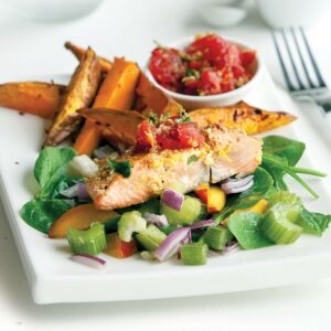 Chermoula-topped salmon with kumara fries and salad