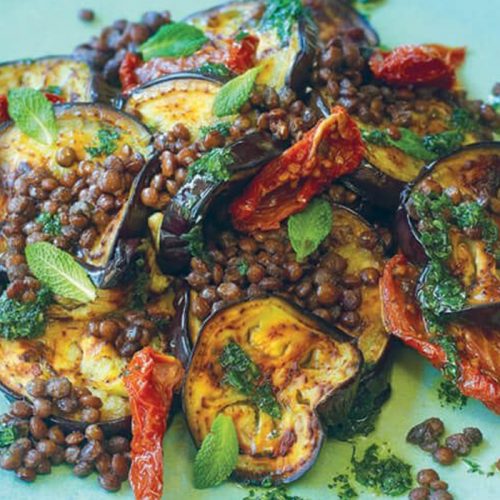 Eggplant, lentils and sun-dried tomatoes with mint oil