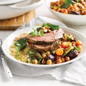 Grilled lamb rump with quick braised chickpeas