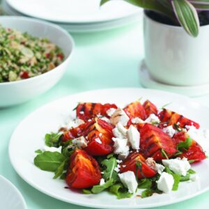 Grilled tomatoes with feta and rocket