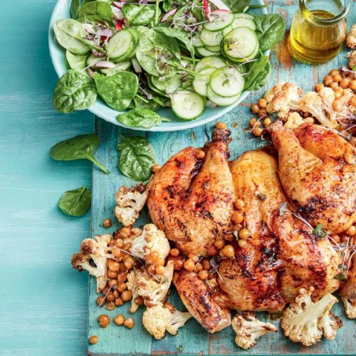 Harissa-spiced chicken with roasted cauliflower and chickpeas