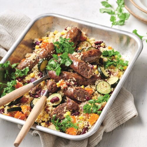 Vegie and couscous sausage traybake