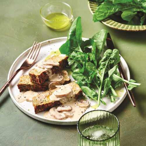 Chicken and veg loaf with yoghurt and mushroom sauce