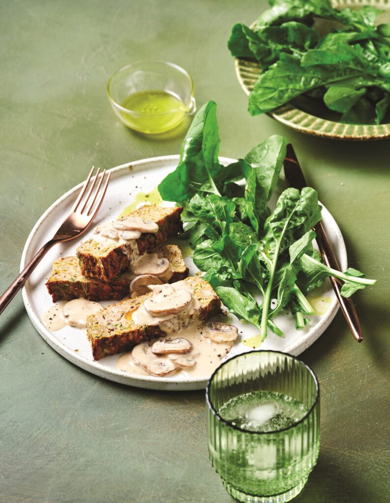 Chicken and veg loaf with creamy yoghurt and mushroom sauce