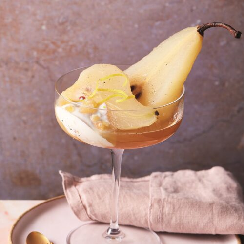 Honey vanilla pears with ginger cream