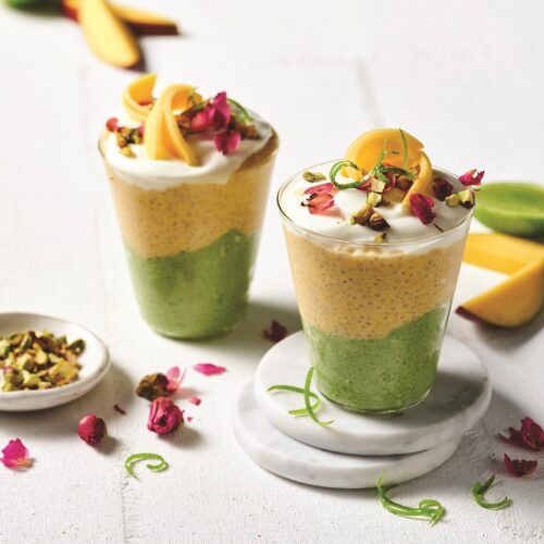 Mango, matcha and white chocolate chia pudding