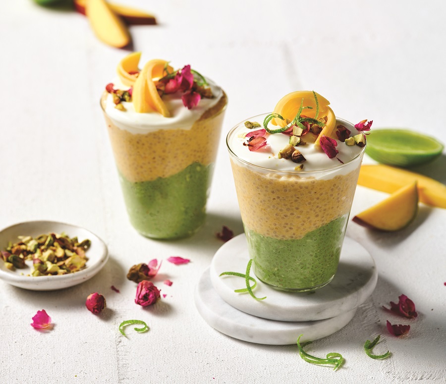 Mango, matcha and white chocolate chia pudding