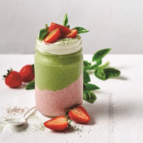 Strawberry and matcha chia pudding
