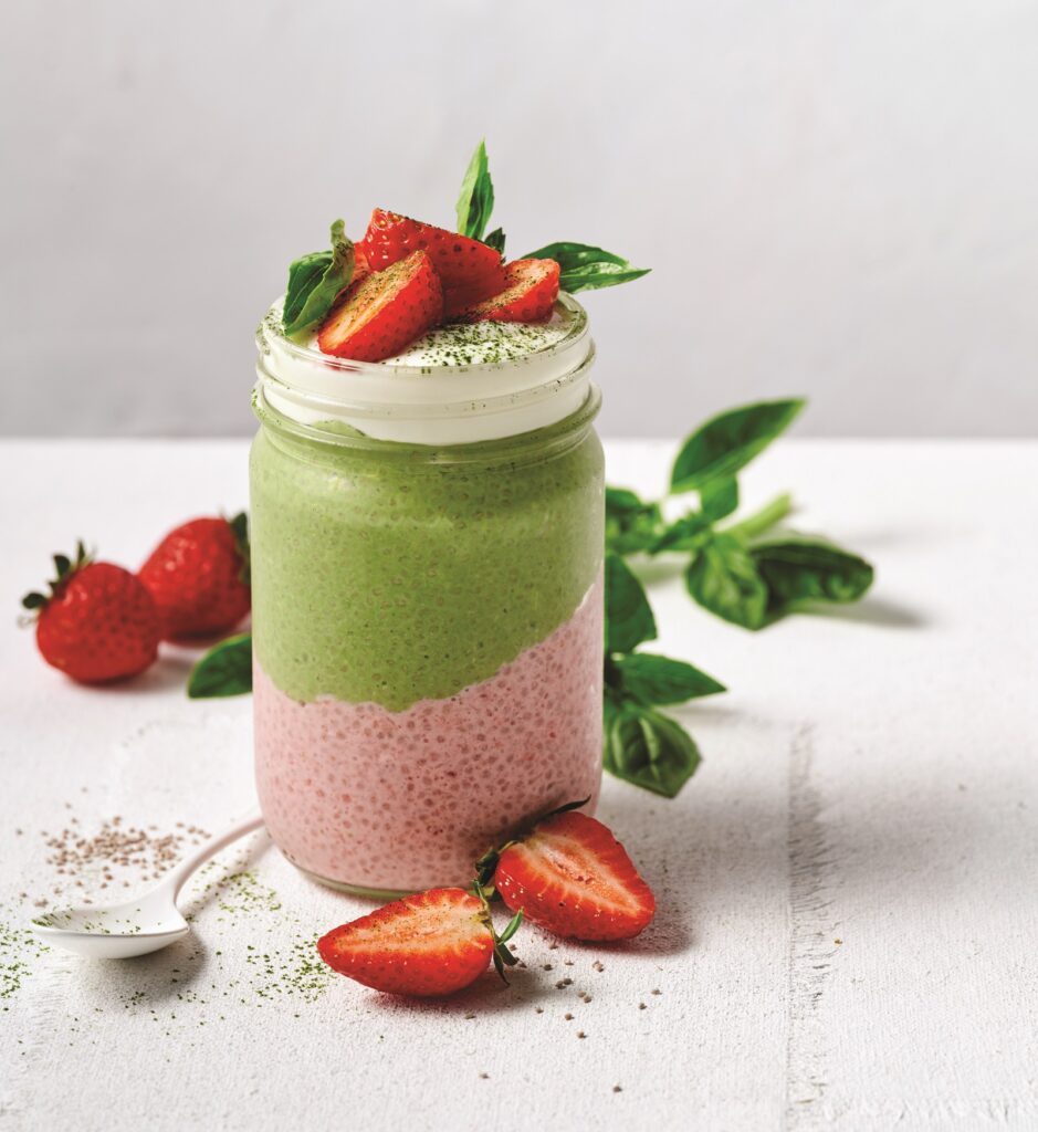 Strawberry and matcha chia pudding
