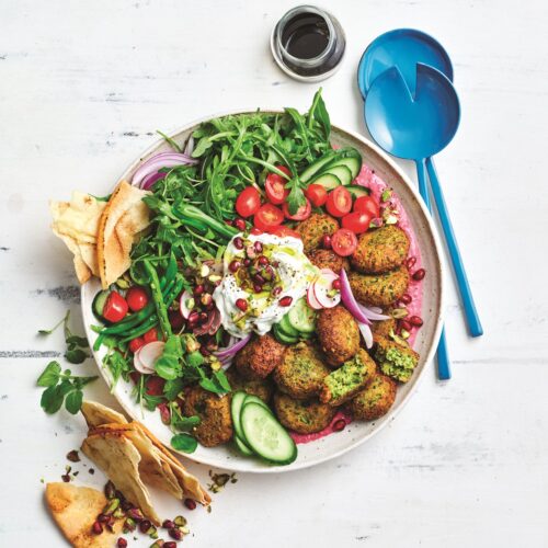 Falafel salad with beetroot hummus and tzatziki
