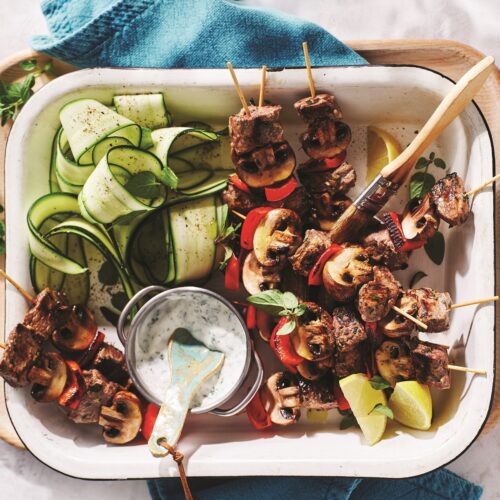 Lamb kebabs with zucchini salad