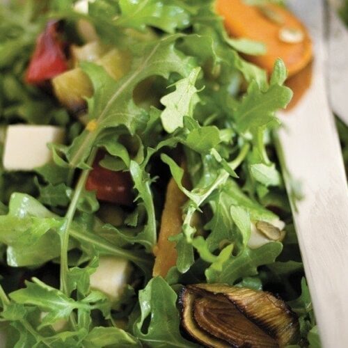 Honeyed roasted vegetable, feta and rocket salad