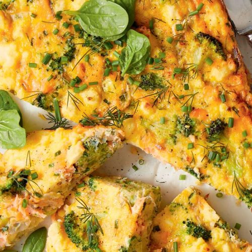 Hot smoked salmon and broccoli quiche