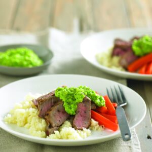 Lamb steak with pea hummus