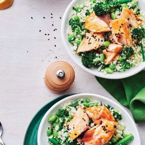 Miso-glazed salmon with edamame cauliflower rice