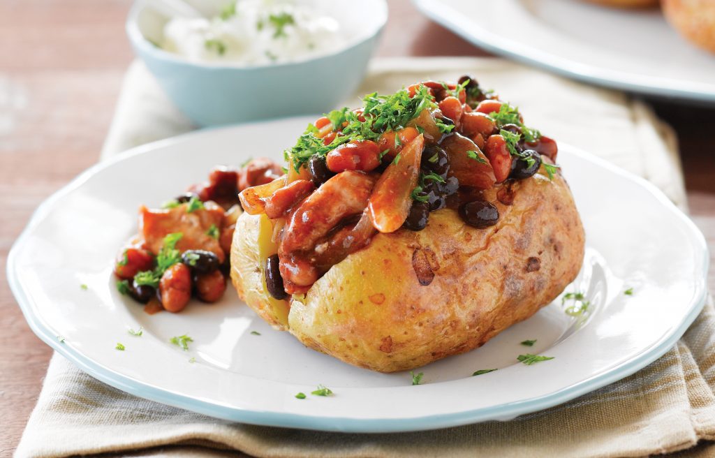 Pork and bean jacket potatoes
