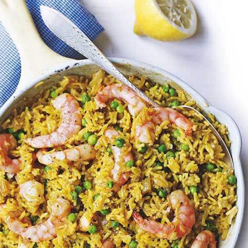 Spiced prawn and pea pilaf