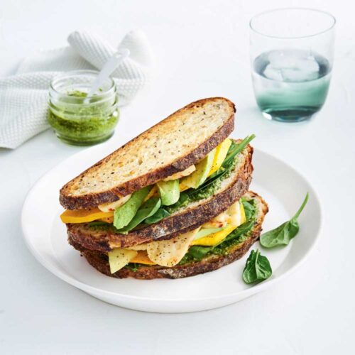 Pumpkin, pesto and haloumi toastie