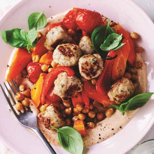 Quick chicken meatballs with crispy chickpeas