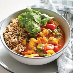 Quorn korma with wilted spinach and rice