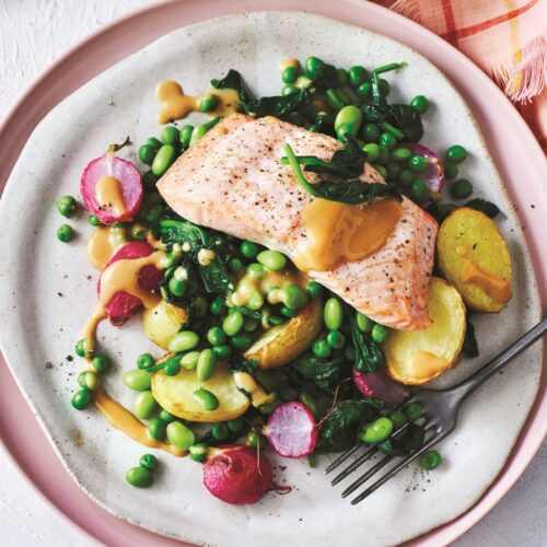 Salmon, radish and potato bake with mustard miso sauce