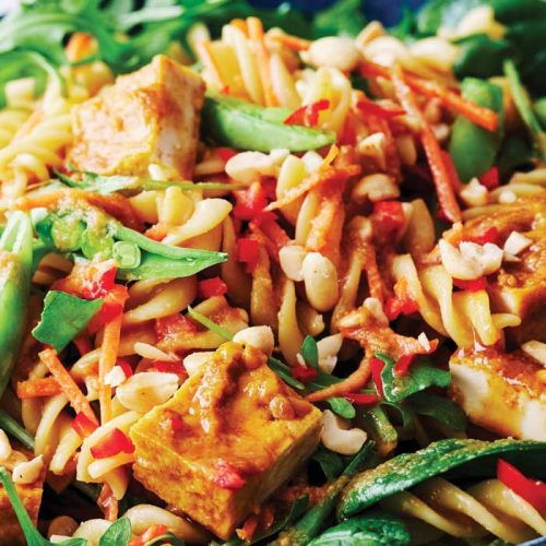 Satay tofu pasta  salad with sugar  snap peas