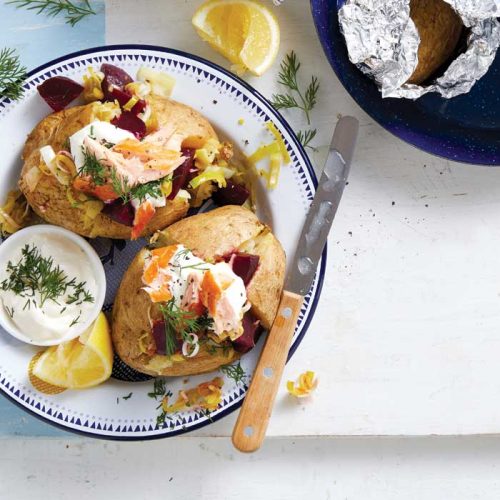 Smoked salmon, beetroot and dill jacket potatoes