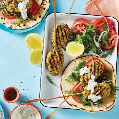 Spicy chicken koftas with pita bread and tzatziki