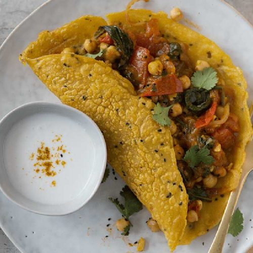 Vegan tamarind chickpea curry with pancakes