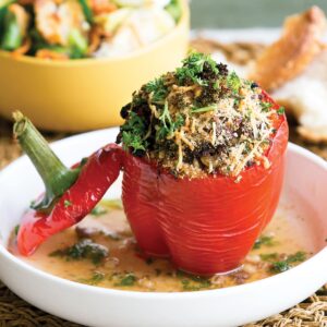 Tasty stuffed capsicums with spring salad