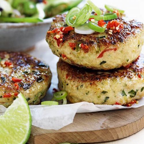 Gluten-free Thai fishcakes with crunchy rice salad