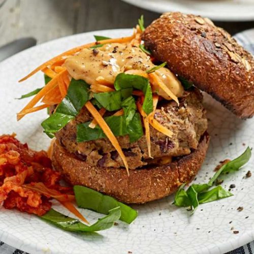 Vegan satay burgers with slaw