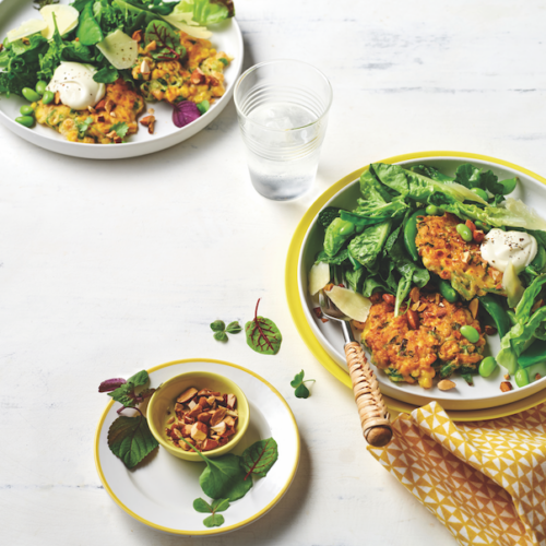 Golden chickpea fritters with spring salad